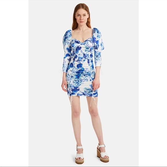 For Love & Lemons Hyacinth Printed Ruched Mini Dress XS Navy Floral NEW - Picture 1 of 11